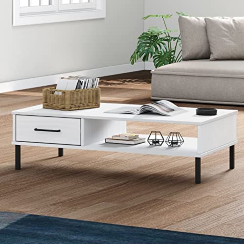 RJPLMFV Tavolino da soggiorno Tavolino multifunzionale Tavolino Salotto Gambe Metallo Bianco Legno Massello Pino OSLO