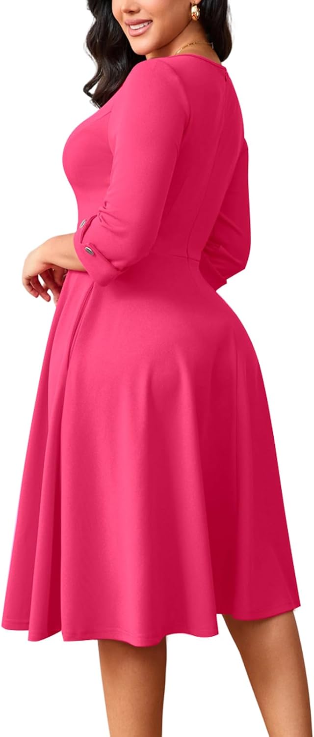 Work Dresses for Women Fit and Flare 3/4 Sleeve A-Line Silhouette Elegant Business Church Party Midi Dress with Pockets - Image 3