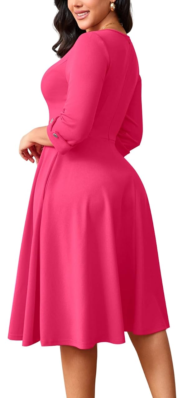 Rose Work Dresses for Women Fit and Flare 3/4 Sleeve Scoop Neck A-Line Silhouette Elegant Business Office Church Cocktail Party Midi Dress with Pockets,672 Rose_Medium by ZonJie - Used condition - Image 3