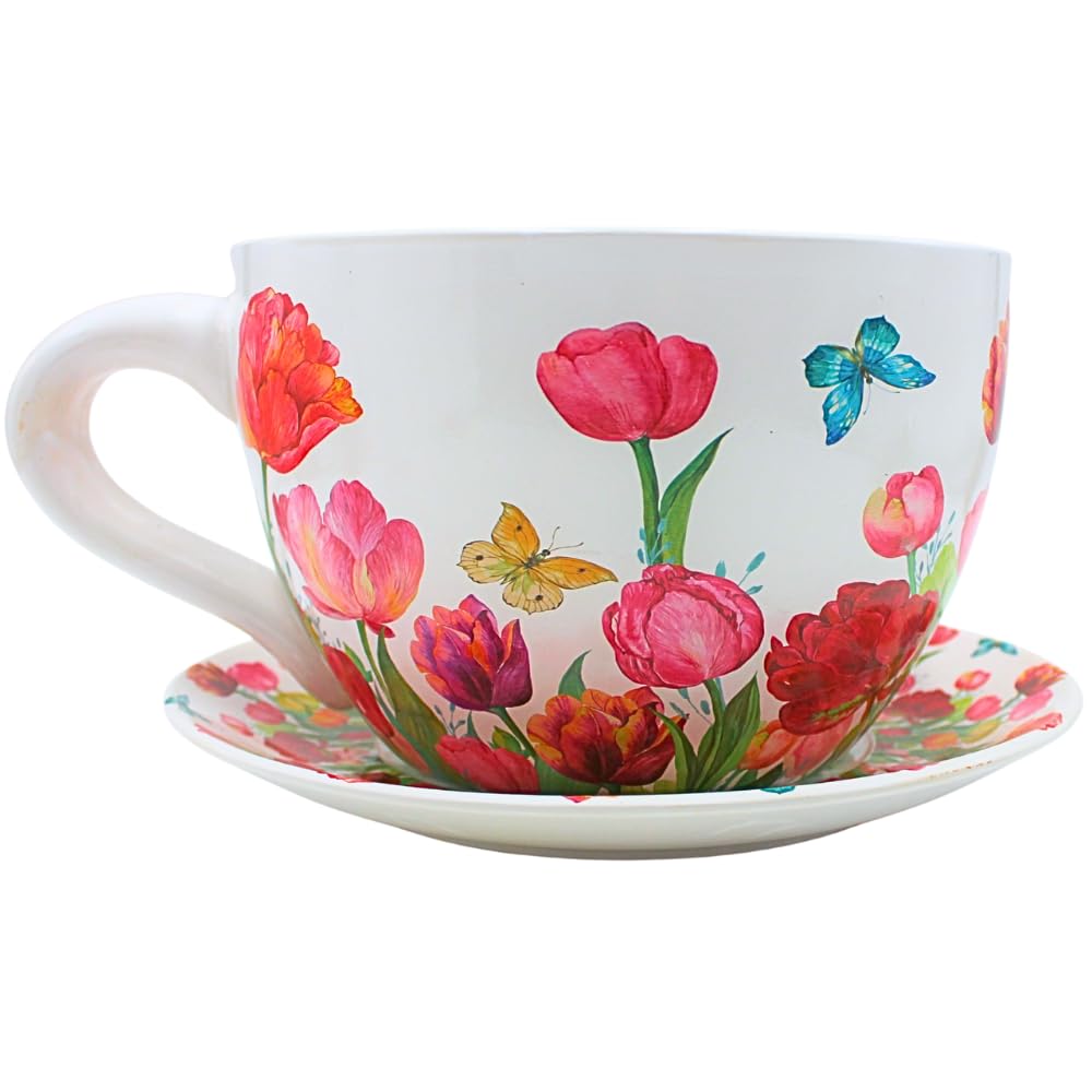 Dekohelden24 XXL Flower Pot, Plant Cup, Planter, Planter, Flower Pot, Plant Pot, Cup with Ceramic Handle, Motif: Tulip Sea, L/W/H 34 x 28 x 16 cm