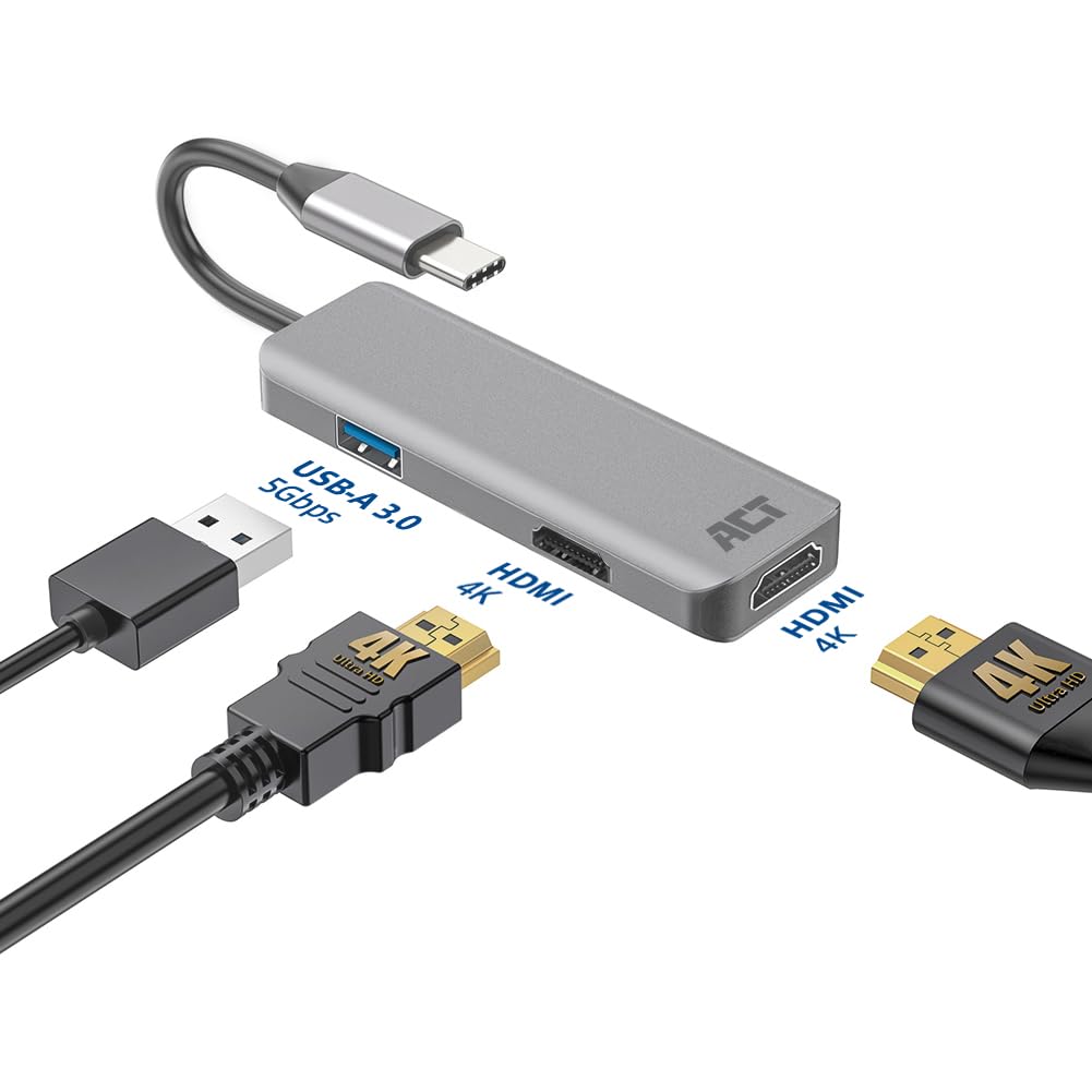 Adattatore USB-C A HDMI ACT AC7013 – Dual HDMI, Porta USB 3.0, 4K 30Hz, Alloggiamento In Alluminio