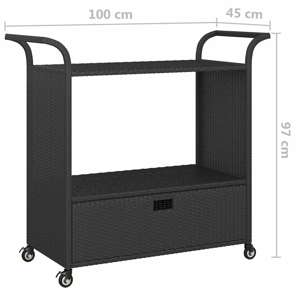 vidaXL Carrito de Bar con Cajón Carro Servicio Cocina Jardín Patio Terraza Balcón Rodante Almacenaje Comida Bebida Ratán Sintético Negro 100x45x97 cm