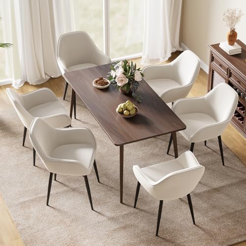 ELUCHANG Silla de Comedor Tapizada Terciopelo con Reposabrazos Pack 6, Ergonómica para Cocina, Dormitorio, Sala, Carga 120kg, Patas de Metal Estable, Blanco Crema