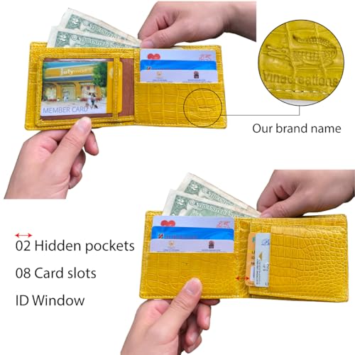 Image of Yellow Luxury Exotic Bifold Leather Wallet Men with Flip Out ID Window, Holder Credit Card, RFID Blocking, Leather Double Side Textured Gift Birthday, Wedding, Anniversary, Father's Day VINAM-108