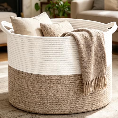 Large Woven Blanket Basket,65L Cotton Rope Laundry Basket Hamper ...