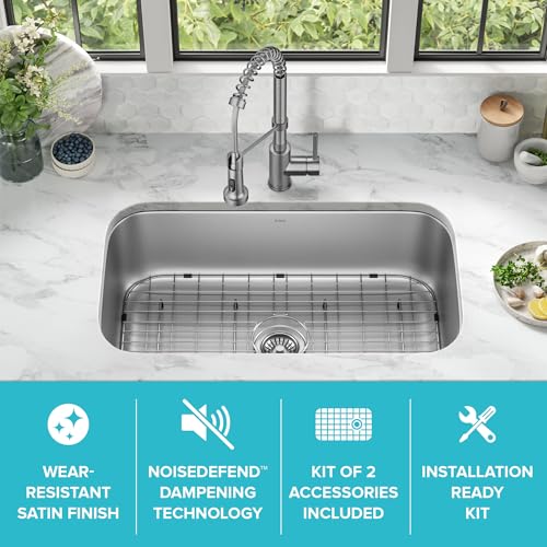 Image of KRAUS Premier 32 3 /8 inch Undermount Single Bowl 18-Gauge Stainless Steel Kitchen Sink with Bottom Grid and Strainer, KBU44