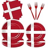 FVABO Denmark Flag Theme Tableware, Denmark Party Supplies, Paper Plate, Napkin, Fork, Danish Flag Party Supplies for Constitution Day, National Celebrations, or Themed Events, Serve 24