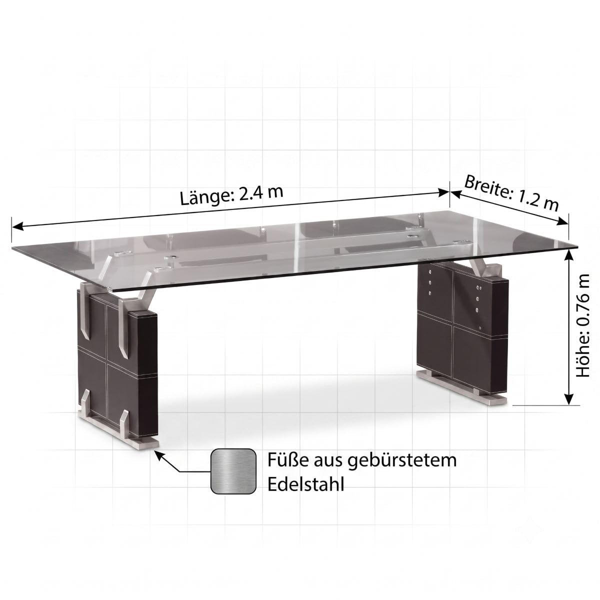 Jet-Line Besprechungstisch Verona Konferenztisch 240 x 120 x 76 cm Schwarz mit Glasplatte aus Sicherheitsglas Kunstlederüberzug Edelstahl Gebürstet