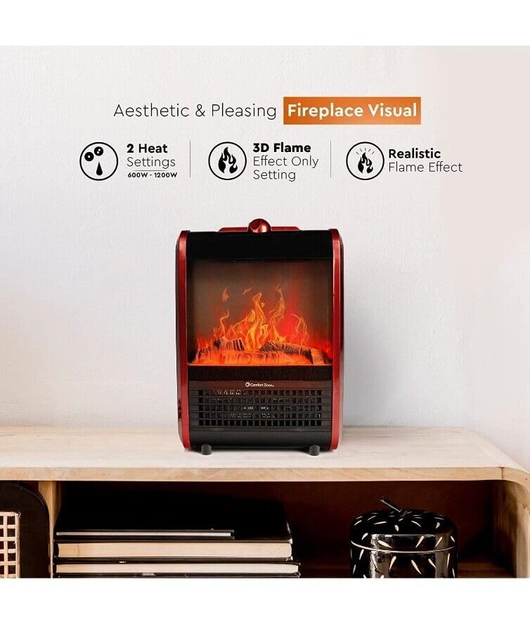 Comfort Zone Electric Mini Fireplace Space Heater with Realistic 3D Flame, Stay-Cool Body, Carry Handle, Overheat Sensor, and Safety Tip-Over Switch, Ideal for Home, Bedroom, & Office, 1,200W, CZFP1