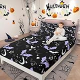 Halloween Bats Bed Sheets Galaxy Bedding Set Glitter Stars Moon Fitted Sheet Full,Cartoon Purple Bat Gothic Sheets Spooky Dark Shadows Silhouette Halloween Decorations Indoor