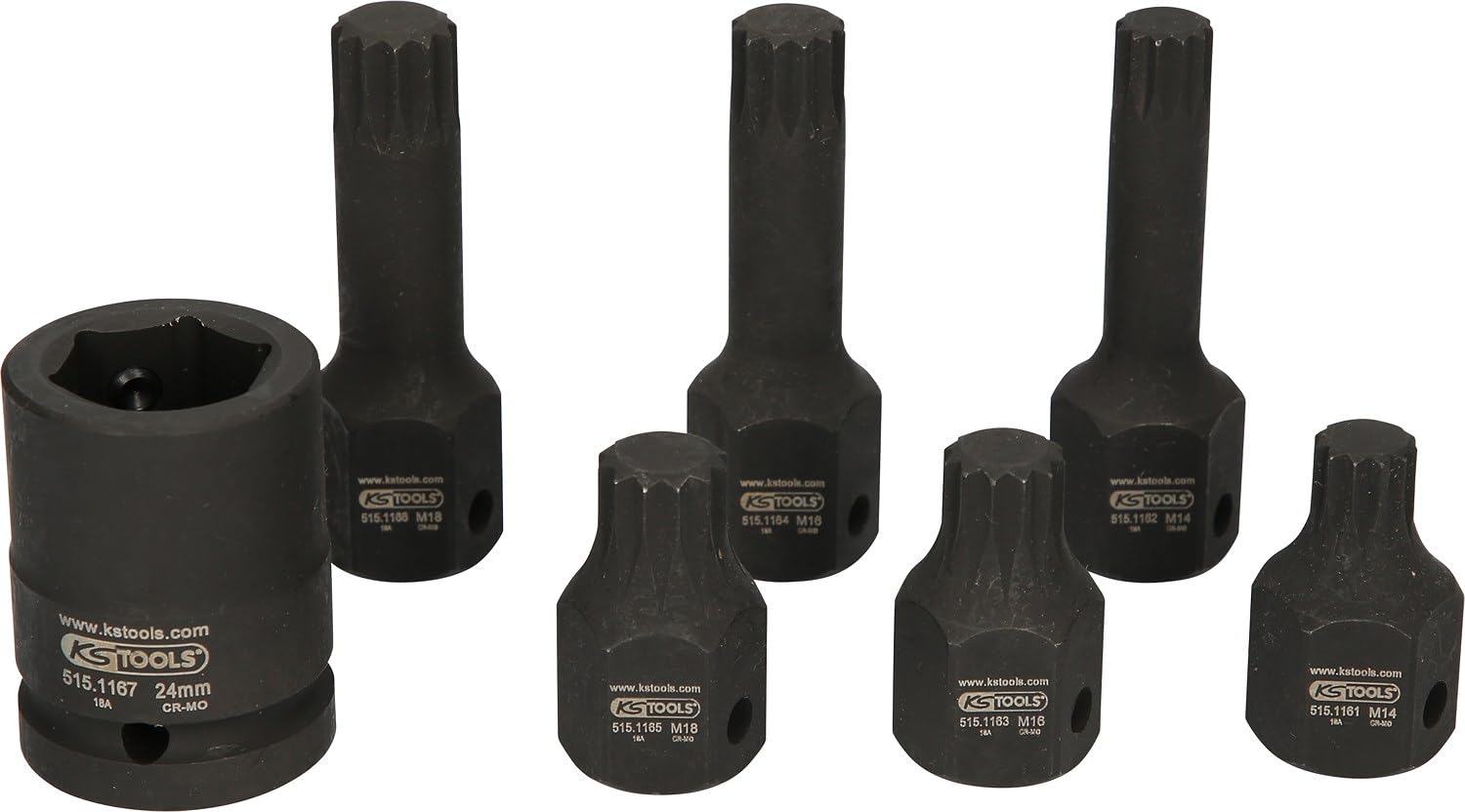 KS Tools 515.1160 Serie di Bussole Speciali per Avvitatori ad Impulsi per Viti XZN, Lunghe, 7 PezziM14-M18, 1/2"