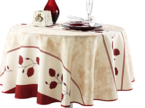 My Jolie Home 63-Inch Round Tablecloth Beige Red Leaf, Stain Resistant, Washable, Liquid Spills Bead up 63