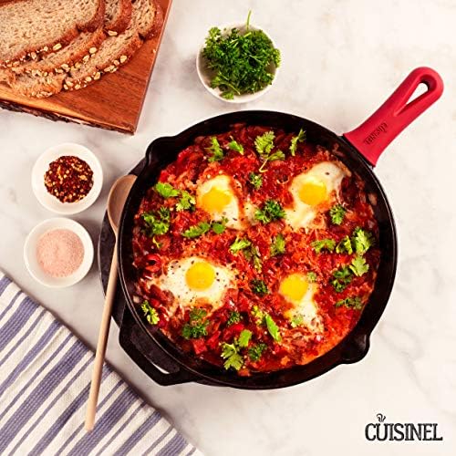 cuisinel Cast Iron Skillet + Glass Lid - 12"-inch / 30.48cm + Silicone Handle Cover - Pre-Seasoned Oven Safe Cookware - Indoor/Outdoor - BB Grill, Stove Top, Hob and Induction Safe