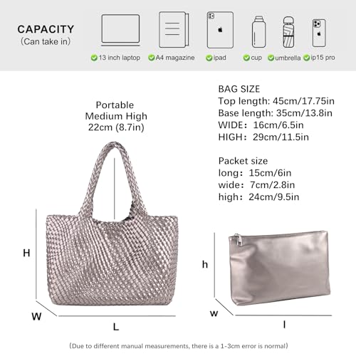 Image of Woven Tote Bag Womens Purse Vegan Leather Shoulder Handbags Fashion Summer Beach Tote Bags Large Travel Totes