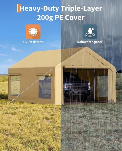 Image of 12x20 FT Heavy Duty Carport Canopy with Sidewalls, Khaki