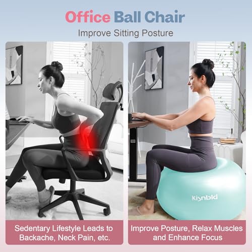 Image of kisnbld Exercise Ball, Extra Thick Yoga Ball for Workout Pregnancy Stability, 4 Sizes Anti-Burst Balance Ball with Foot Pump - Heavy Duty Fitness Ball Chair for Office, Home & Gym