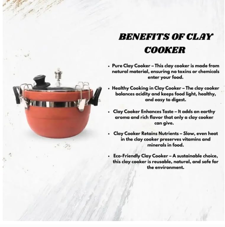 Image of Traditional Clay Pressure Cooker, Terracotta Red, 3 Litre Capacity with Stainless Steel Locking Ring and Whistle, Natural Earthenware for Family Cooking, 23x19x15 cm