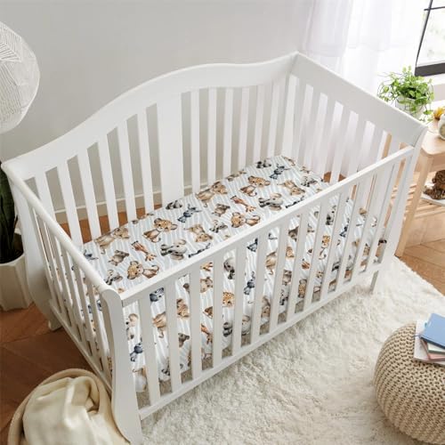 Image of HawSkgFub Safari Jungle African Animals Fitted Standard Baby Crib Sheet Boy Girl, Giraffe Lion Tiger Elephant Zebra Toddler Mattress Cover, Soft Stretchy Nursery Bed Sheets Decor Kids Gift 52 inch x 28 inch