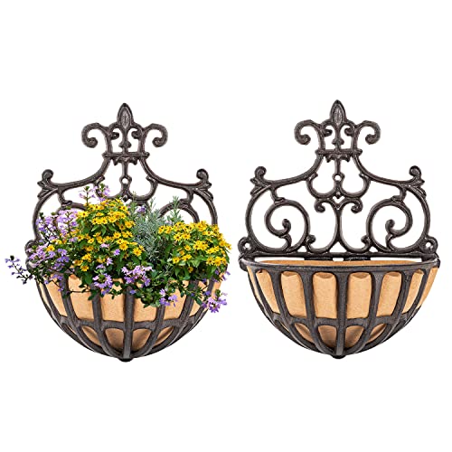 Sungmor 2 Stück Wandbehang Pflanzkorb mit Stoffauskleidung, Viktoria-Stil, Gusseisen-Übertopf für den Innenbereich, Wandmontage, Outdoor-Geländer, Zaun, Balkon, hängende Blumentöpfe