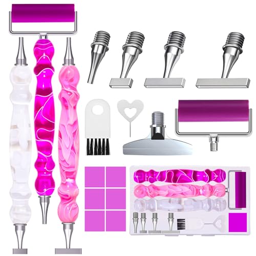 ZYNYXY 17PCS Ergonomic Diamond Art Pen Kits with Multifunctional Metal Stainless Steel Screw Thin 1 3 6 9 Tips Correction Placers Roller Accessories (Purple + Pink + White + 5 PCS Tips)