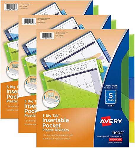 Avery Big Tab Insertable Plastic Dividers with Pockets, 5 Multicolor Tabs, Pack of 3 (11902)
