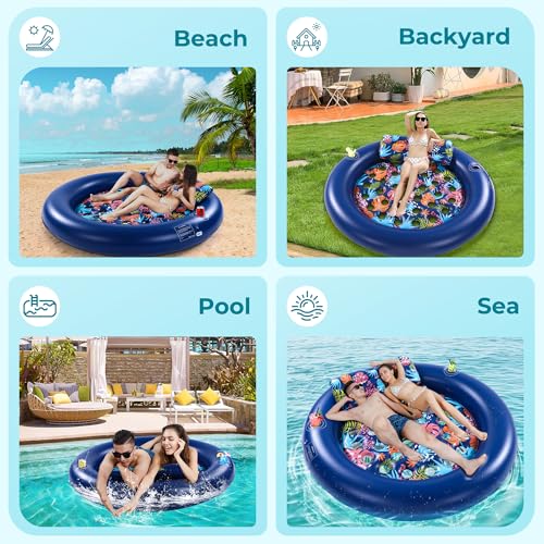 2-Person Pool Floats Adult Heavy Duty, Giant 75"X75" Inflatable Tanning Pool Mats with Cup Holders, Detachable Headrest, Multi-Purpose Water Lounger for Pool Party, Lake, Beach, River, Outdoor - image 3