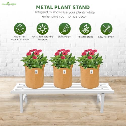 Image of Anandi Green's White Heavy Duty 1 Tier Metal Plant Stand for Grow Bags Planters and Pots Rust Resistant Plant Pot Holder Rack for Outdoor Balcony Indoor Living Room and Garden Supports Up to 100 kg