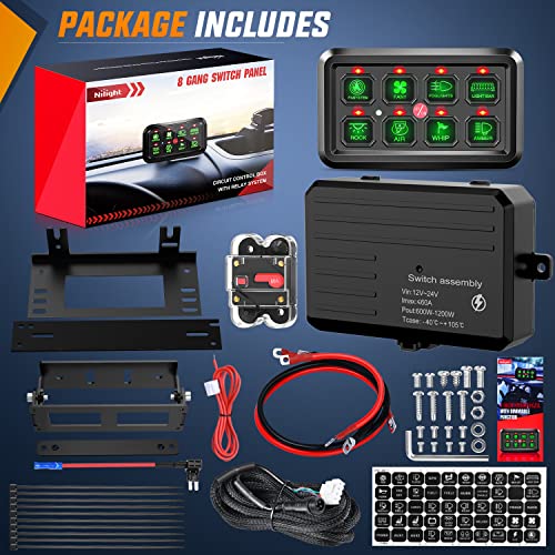 Image of Nilight 8 Gang Switch Panel System Circuit Control Relay System Fuse Wiring Harness Automatic Dimmable ON Off LED Switch Pod for 12V Cars Trucks Campers SUV, 2 Years Warranty | Universal Circuit Control Fuse Wiring Harness ON Off Green Backlit LED Pod for 12V Cars Trucks Boats Campers SUV