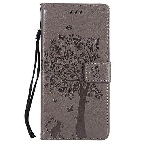 Sleeping bear)Funda para Huawei Y9 2018/Enjoy 8Plus, Animal Portátil, Gato y árbol, Mariposa Teléfono Cubierta, Carcasa para Teléfono de Cuero Estilo Billetera, Flip Folio Case+Stylus-Gris