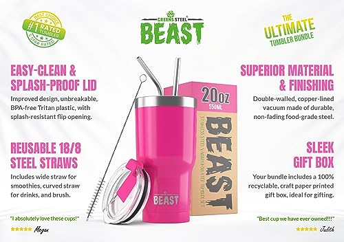 Image of Greens Steel Beast 20oz Tumbler Insulated Stainless Steel Coffee Cup with Lid, 2 Straws, Brush & Gift Box (20 oz, Cup Cake Pink)