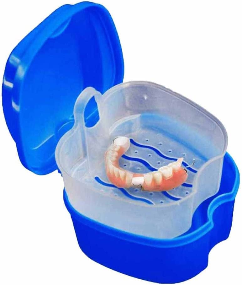 BANSHAN 1-Piece Denture Set, Orthodontic Retainer Box, Denture Storage Container, Denture Cleaning Box with Filter, Portable, Easy to Travel (Dark Blue)