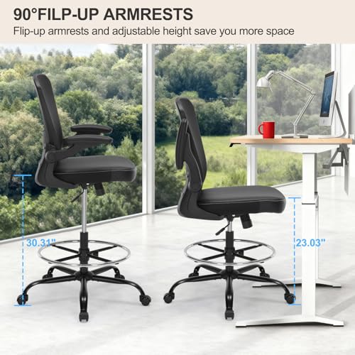 Image of Drafting Chair Tall Office Chair with PU Leather Seat, 400lbs Ergonomic Standing Desk Chair with Lumbar Support,Counter Stool with Adjustable Footrest Ring & Flip-up Armrests,Black
