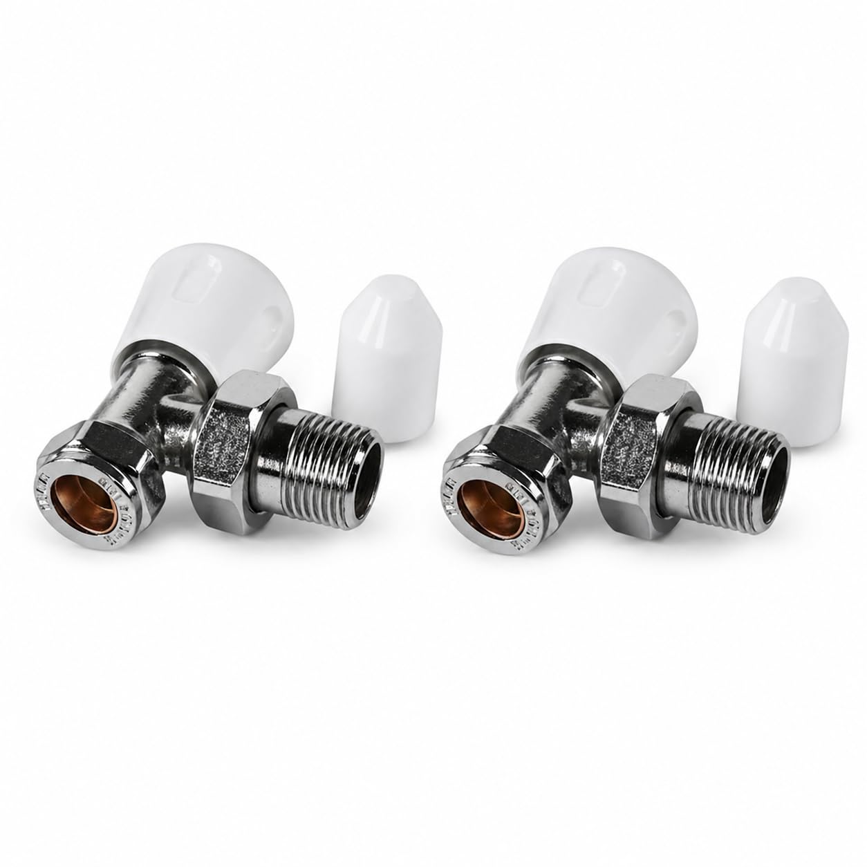 Home Smart White & Chrome Kartell Angled Radiator Valve Ls/Wh, Chrome With White Handles, 15Mm Thermostatic Trv & Lockshield (2, )