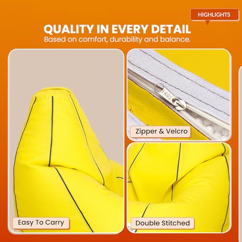 Image of Sattva Classic 3XL Bean Bag Chair with Beans Filled | Faux Leather Sofa Style Beanbags with Filled Beans | Bin Bags Sofa & Beam Bag for Adults, Home & Office - Yellow with Navy Blue Piping