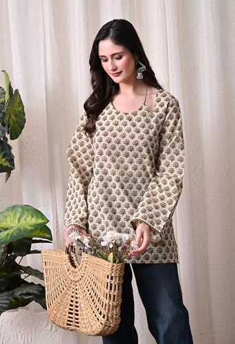 Image of MEERA FAB Women Cotton Printed A-Line Tunic Top with Square Neck | Floral Printed Halter Strap Detail & Bell Sleeves | Short Kurti for Women