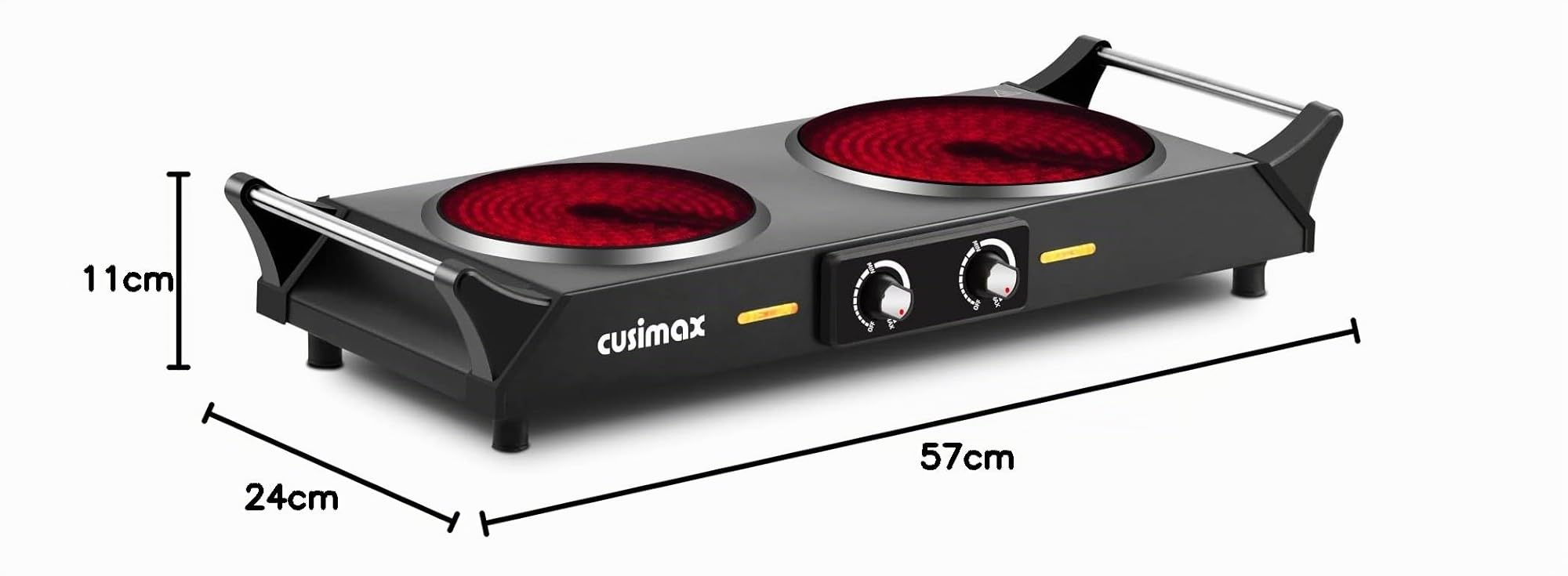 CUSIMAX Elektrische Kochplatte mit Kühlgriffen, 900 W + 1200 W, doppelte Infrarot-Kochplatte, tragbar mit einstellbarer Temperatur, 15 cm + 18 cm zum Kochen, kompatibel mit