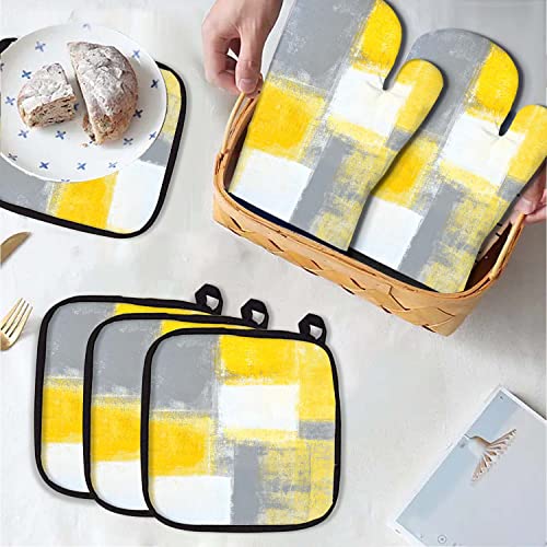 Mcalk 5 Pcs Yellow Oven Mitts And Pot Holders Sets, Grey Oven Gloves And Hot Pads For Kitchen Cooking, Abstract Modern Art Oven Mitt Potholder Is Both Functional And Decorative thumb #2