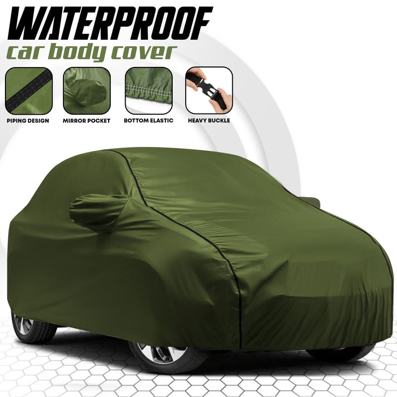 Image of Car Bady Cover Waterproof Compatible with Hyundai Fluidic Verna |Triple Stitched |Fully Elastic Ultra |Mirror Pocket | Heavy Buckle | Olive Green & Black Piping (Olive Green & Black)
