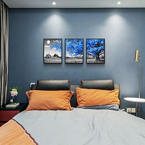 Image of Black Framed Wall Art for Living Room & Bedroom - Blue Tree Wall Paintings, Modern Home Decor - 12 inchX16 inch Set of 3 Piece Framed Art Prints