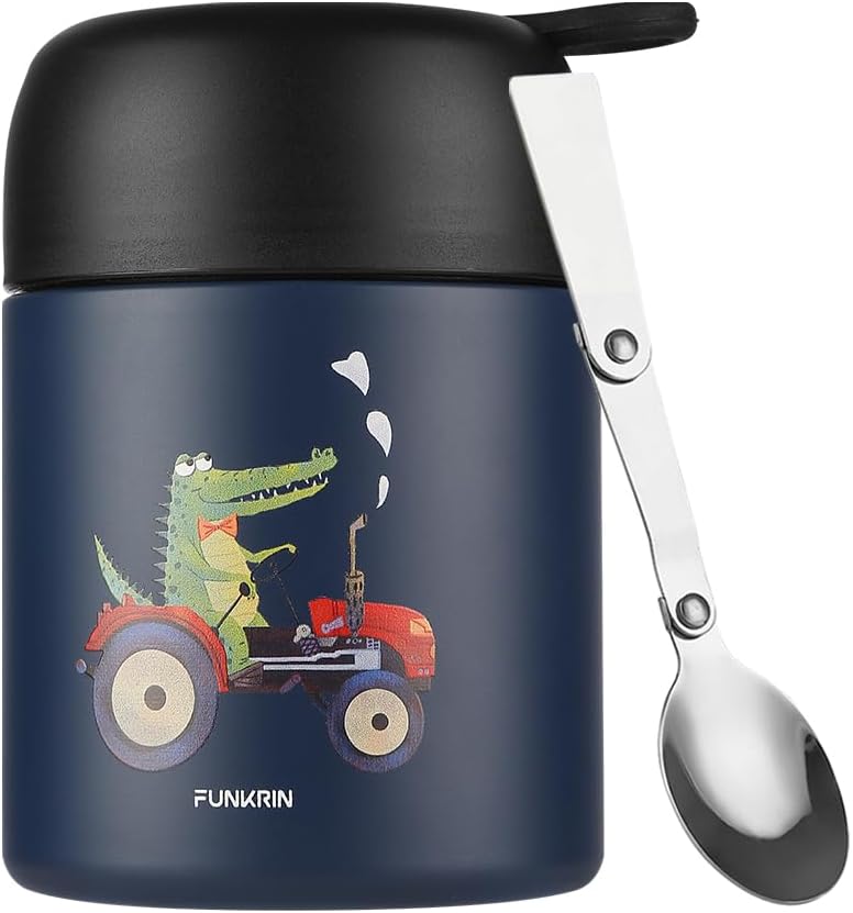 Funkrin 16oz Insulated Food Jar with Folding Spoon,Stainless Steel Lunch Bento Box for Kids Adults, Vacuum Leak Proof Soup Container for Hot & Cold Food