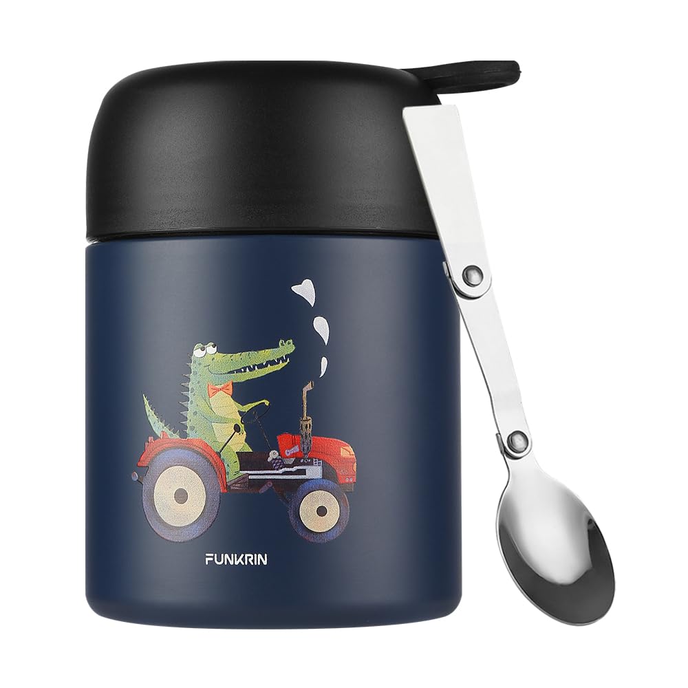 Funkrin 16oz Insulated Food Jar with Folding Spoon,Stainless Steel Lunch Bento Box for Kids Adults, Vacuum Leak Proof Soup Container for Hot & Cold Food