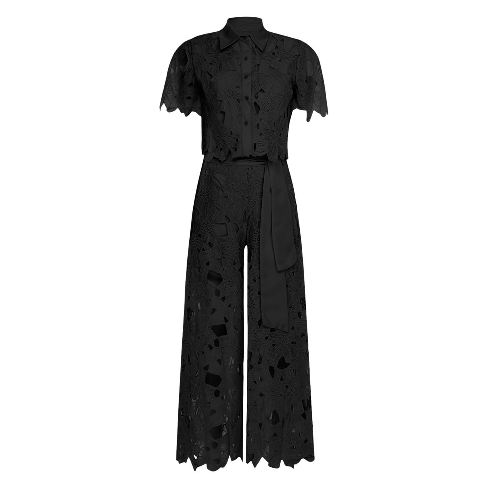 Abito Due Pezzi Donna con Gilet in Pizzo Traforato e Pantaloni a Gamba Larga Elegante per Occasioni Speciali