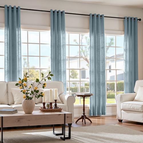Image of jinchan Linen Curtains 96 Inch Light Filtering Grommet 2 Panels Blue