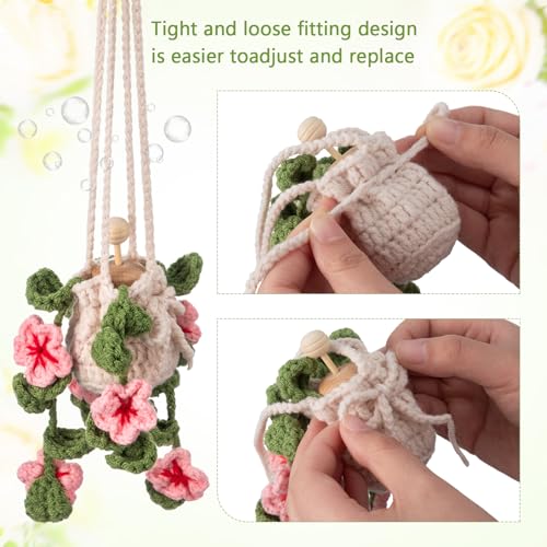 Image of DaisyInner Cute Crochet Plant Car Freshener 12ml Empty Refillable Diffuser Bottle with Plants Hanging Accessories for Ornaments Charms Rearview Mirror Home Office Decor Women Gifts(Cherry Blossoms)