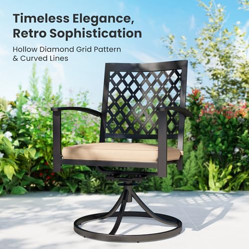 Image of PHI VILLA 7 Pcs Outdoor Dining Set, 65 inch Wood-Like Table w /Umbrella Hole | Steel Table with Umbrella Hole&Fixed /Swivel Chairs with Cushions,Wrought Iron Furniture for Patio, Deck, Yard, Porch