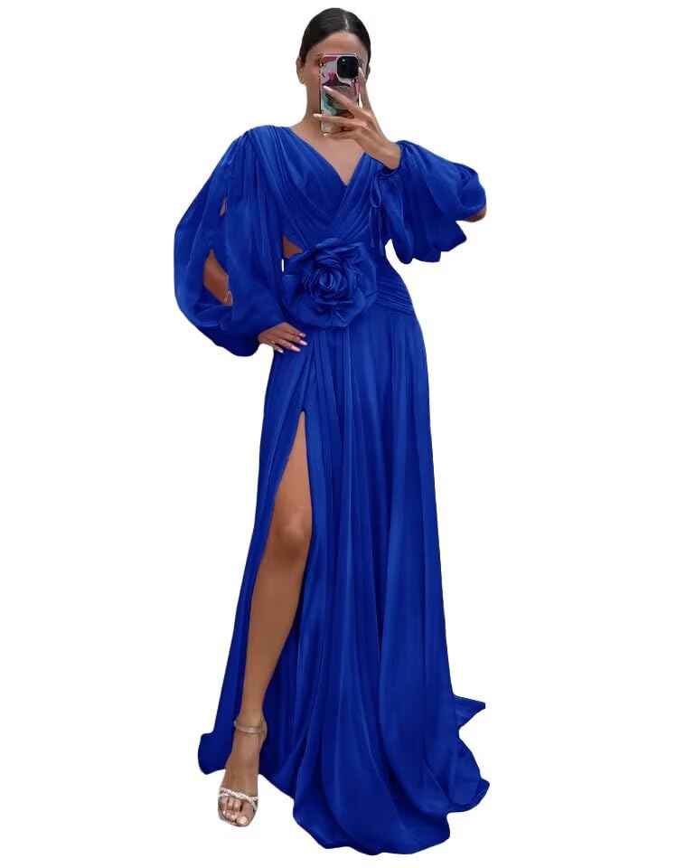 Chiffon 3D Floral Formal Party Dresses Long Sleeves Bridesmaid Dress 2025 V Neck Pleated Evening Gowns with Split