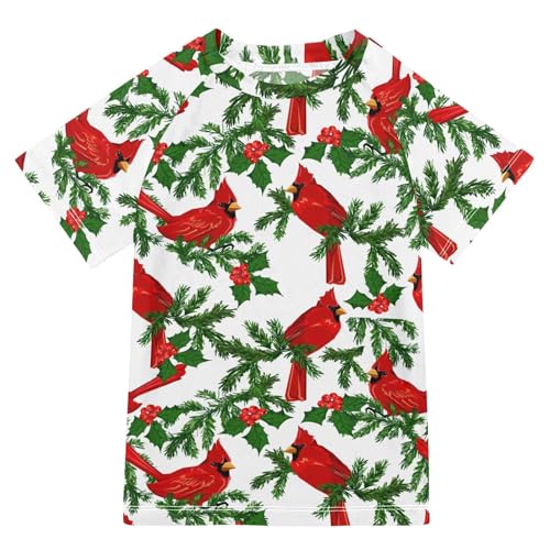 Aflyko Christmas Boys' Swim Shirt Red Bird Holly Leaves Berry Rash Guard Beachwear Sun Protection Fishing Hiking Camping Surfing Swimming Toddler Infant Summer Daily T-Shirt, 4T