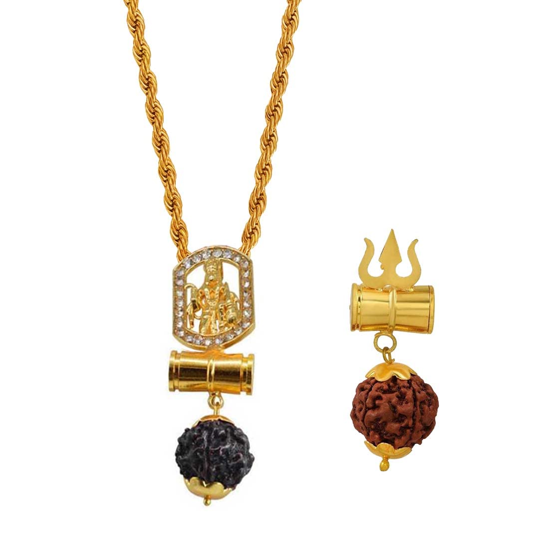 sullery Religious Lord Shiv Shankar Mahadev Mahakal Trishul Damaru Rudraksha Bead Locket Gold Brown Brass,Wood Pendant Rope Chain NecklaceFor Men and Women-picture-38