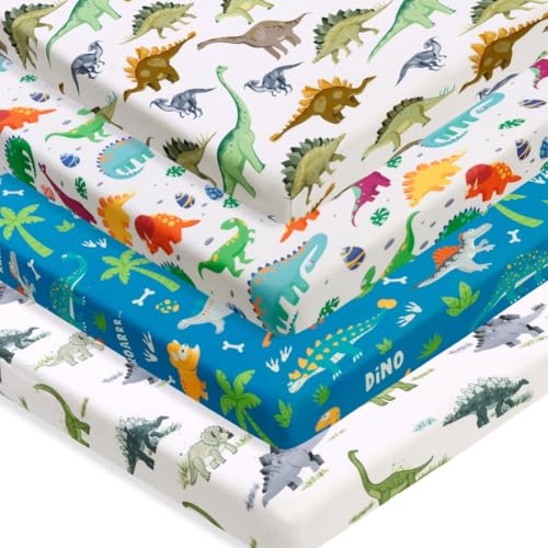 4 Pack Baby Boy Pack N Play Mini Crib Sheets Soft Fitted Baby Boy Mattress Covers Construction Truck or Dinosaur Theme Breathable Toddler Sheets for Infant (Dinosaur, Pack N Play Mini Crib Sheets)