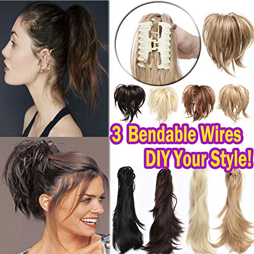 Clip in Messy Hair Ponytail with Jaw Claw Synthetic Hair Bendable Clip on Hairpiece Extensions for Updo Style Fluffy Ponytail with Adjustable Wires for Women 4A Brown